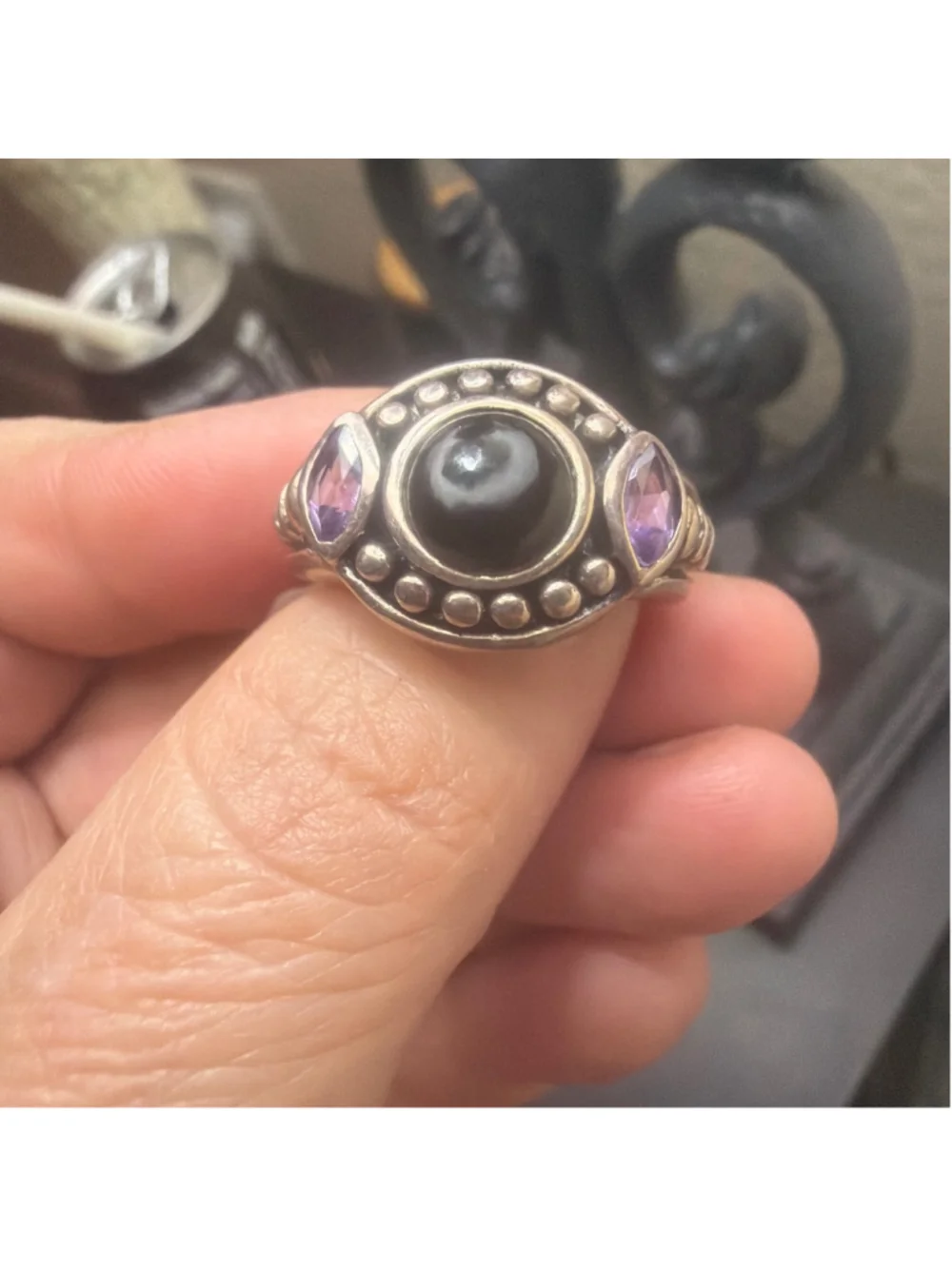 Vintage Sterling Ring with Onyx Cabochon & Marquise Cut Amethysts Gemstones